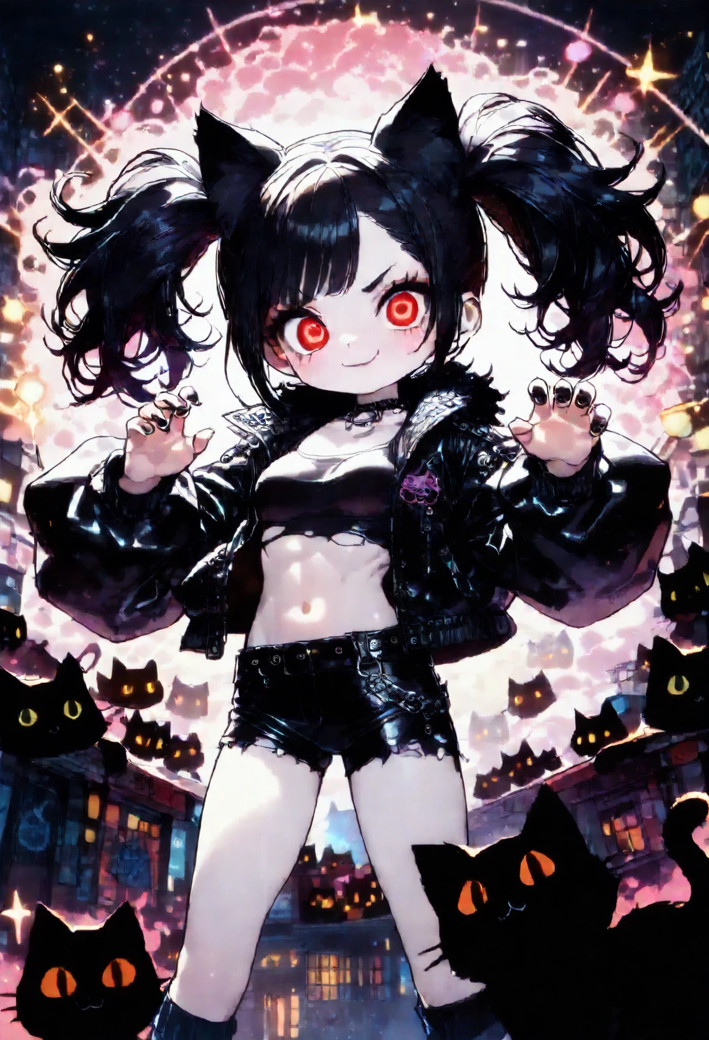 solo,1girl\(cute, kawaii, ,(evil smile:1.2),(black hair:1),(long hair),(twin tails hair),pale skin, skin color blue, red eyes, eyes shining, (big eyes),(breast:1.4),(punk fashion:1.6),(ripped clothes:1.5),(tight tube top),(tight hot pants),(stomach shown:0.8),(abs:0.8),(ripped black short jacket:1.4),(fluffy black cat-ear:1.4),(dynamic pose:1.4), (spiral eye:1.4)\)),(bang:1.2)\), BREAK ,background\(outside, noisy city, backstreet, narrow street, neon lights, at night\), BREAK ,quality\(8k,wallpaper of extremely detailed CG unit, high resolution, top-quality, top-quality real texture skin, hyper realistic, increase the resolution, RAW photos, best quality, highly detailed, the wallpaper,golden ratio,high saturation realism, vibrant colors, dramatic lighting, persuasive storytelling, atmospheric scenery, captivating visuals, intricate details, strong emotions,dreamlike world\),(close up:1.0),(dynamic angle:1.2)