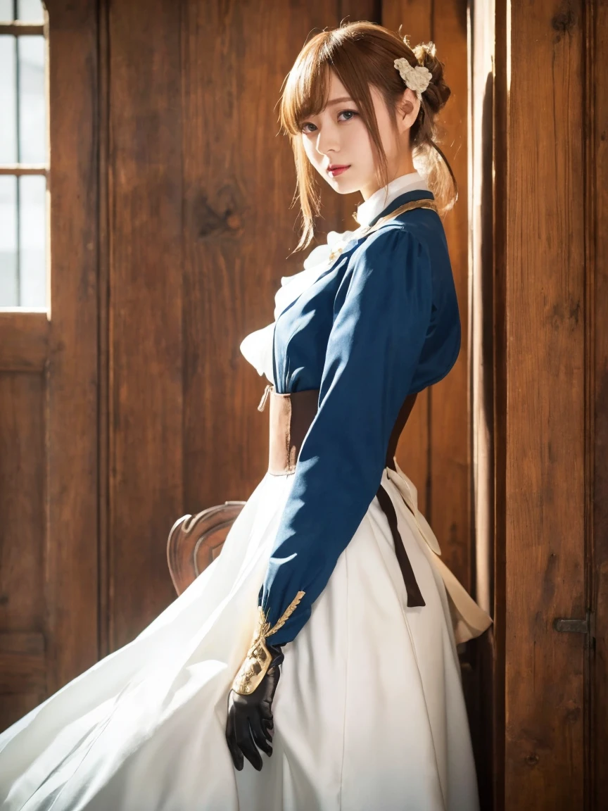 Violet Evergarden,Best Quality、masterpiece、Very detailed,(Realistic, photo-Realistic:1.2),(RAW Photos, Best Quality),One Girl、Full Body Absurdity , High resolution, Very detailed, Ultra-precise expression,Realistic skin texture, hyperrealistic ,  flat chest、Perfect Face,blonde,hair ribbon,rough up hairstyle hair,Luxurious medieval European style room,Blue jacket,White Dress,Long Dress,Sparkling Eyes, Brown gloves ,Depth、Watch the audience,Violet Evergardenのコスプレ,