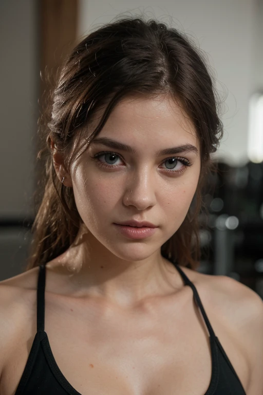 Photograph of a beautiful girl, at the gym, porte legging, nipples softly visible through shirt, fille, printemps, Fille chaude, cheveux bruns, long_cheveux, symmetrical face, photoreallistic, photographie, Phone camera, natural lighting, magnifique, clivage, occidental, Lo-fi, High resolution, Extremely detailed, peau avec pores, realistic lighting, natural light, selfie, visage naturel, Moles, instagram pose, influencer, Low Fidelity, Imperfect