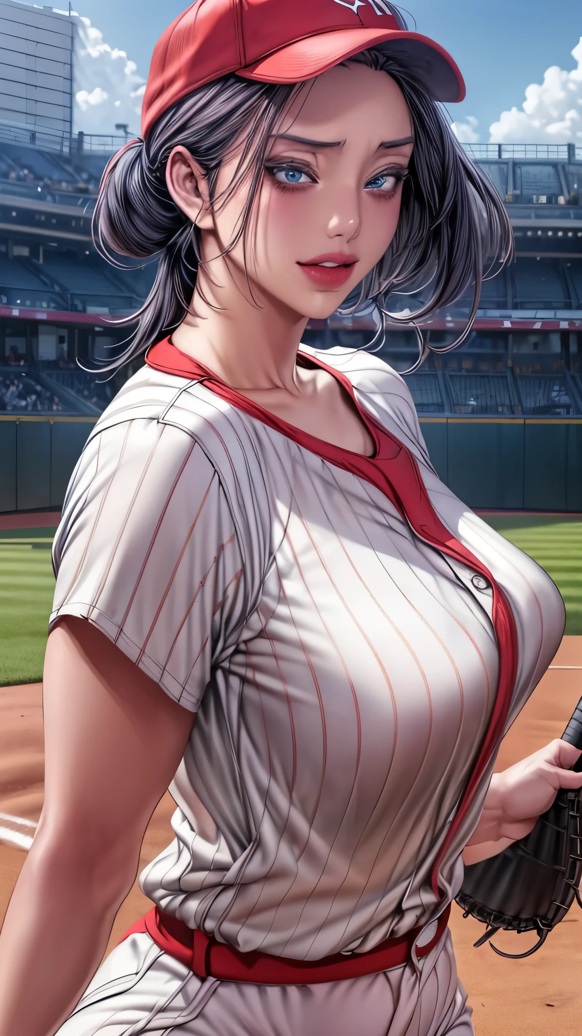 tmasterpiece， highly  detailed， best qualtiy， Ultra-high resolution， 1girll， solo，（Hinata flower proportions：1），Long hair hanging low, Hair Band, Hana's purple eyes, pony tails, Beautiful, Beautiful woman, Perfect body, perfect breastm, Wearing a white baseball shirt, Wearing a baseball cap, On the baseball field, holding a Baseball Bat, view the viewer, Slight smile, Realism, Masterpiece, Textured skin, Super detail, High detail, High quality, Best quality, 1080P, 16k，Big，Be red in the face，Blushlush，perspire，Sweat profusely，There are a lot of water droplets on the face，