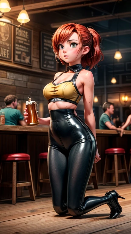 Beer hall employee gets beer-thrown by customer、High definition、Photorealistic、8K、Cinematic Lighting、Dramatic angle、Wet clothes、Surprise expression、bound arms, arms behind back、Detailed background of the interior of a beer hall、Warm colors, high heels, latex leggings, on knees, kneels