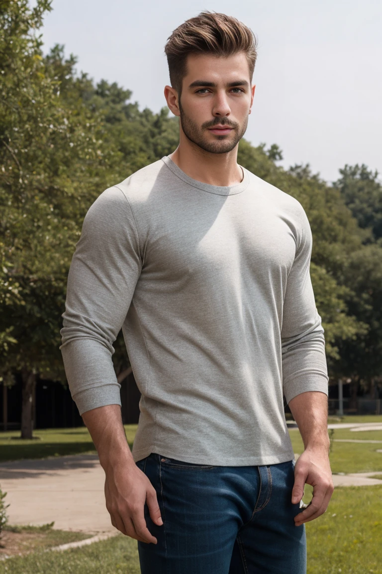 1man, muscle, tall, realistic, handsome, handsome, realistic, Outdoors, blurred background, not looking at the camera, Unaware of the camera,Casual clothes, half body, sitting, sideways position