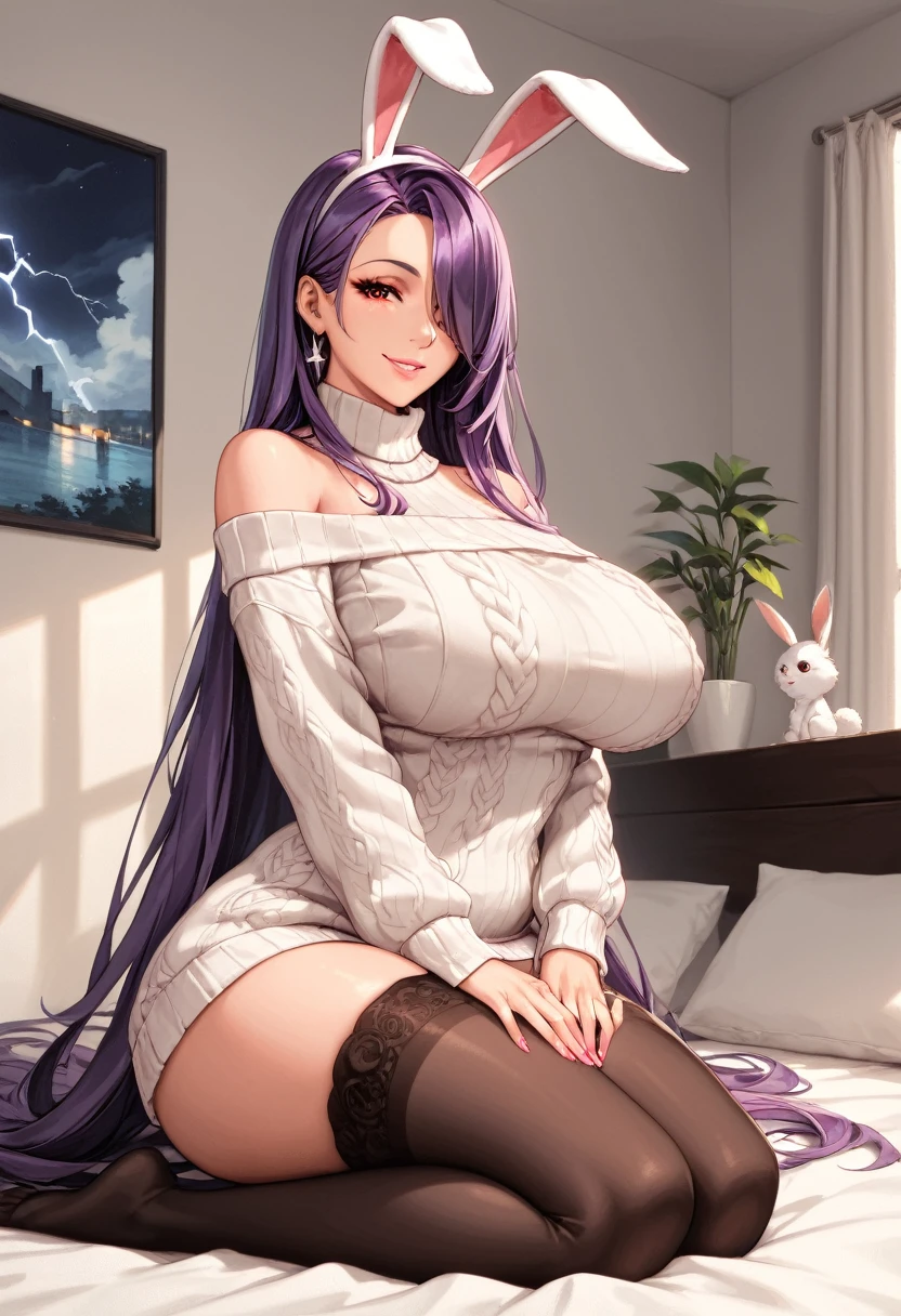 score_9, score_8, score_7, source_animated, 1mature_FE, alone, dominant, flirtatious look, looking at the public, smile, pink lip,  white bare shoulder sweater, long oversized sweater, bright purple hair, Very long hair, hair covers one eye, BRIGHT RED EYE, white bunny ears ornament, Big breasts, black stockings, very long stockings, kneeling on a bed, her hands fixing hair , comfortable room, perfect body, perfect anatomy, erotic anatomy, perfect arms, perfect fingers, pink nails, perfect legs, lightning