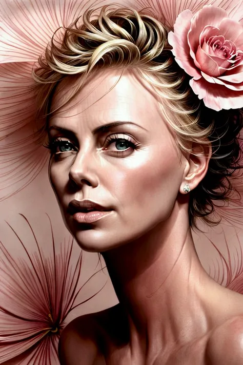 charlize theron in a botanical masterpiece in the style of marco mazzoni, detailed, hyper-realistic, front view, elemets of symb...