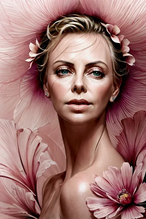 charlize theron in a botanical masterpiece in the style of marco mazzoni, detailed, hyper-realistic, front view, elemets of symb...