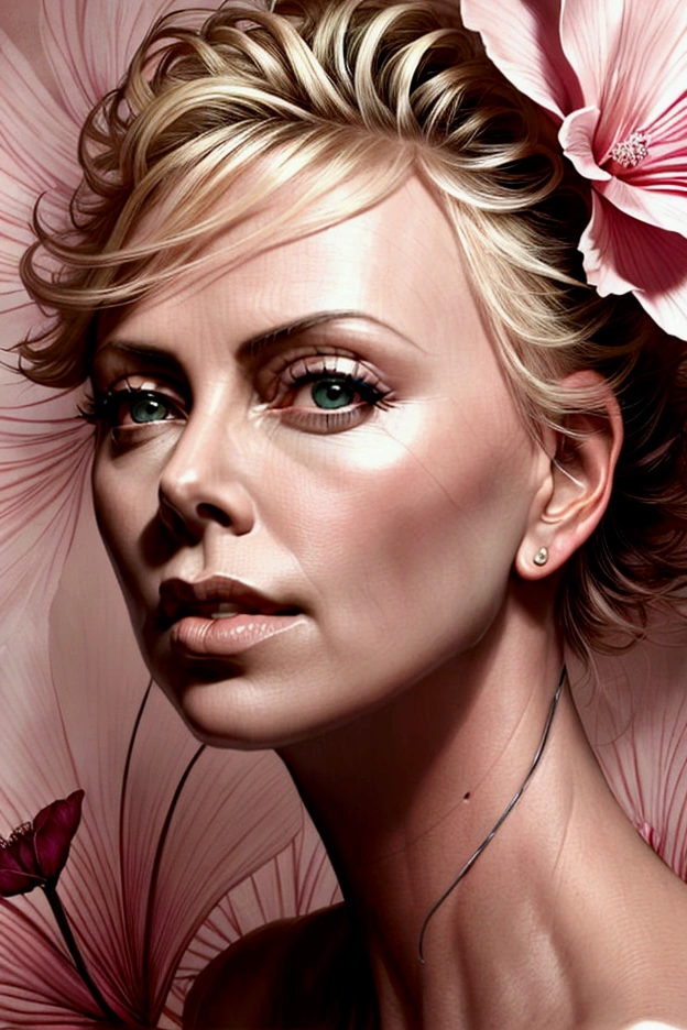 Charlize Theron in A botanical masterpiece in the style of Marco Mazzoni, detailed, hyper-realistic, front view, elemets of symbolism and surrealism, a painting by mse a attractive seductive Charlize Theron by agnes cecile, luminous design, pastel colours, ink drips, spring lights, intricate design, looking to the viewer intertwined, beautiful attractive seductive Charlize Theron, flowers, pastel, looking to the viewer, front view