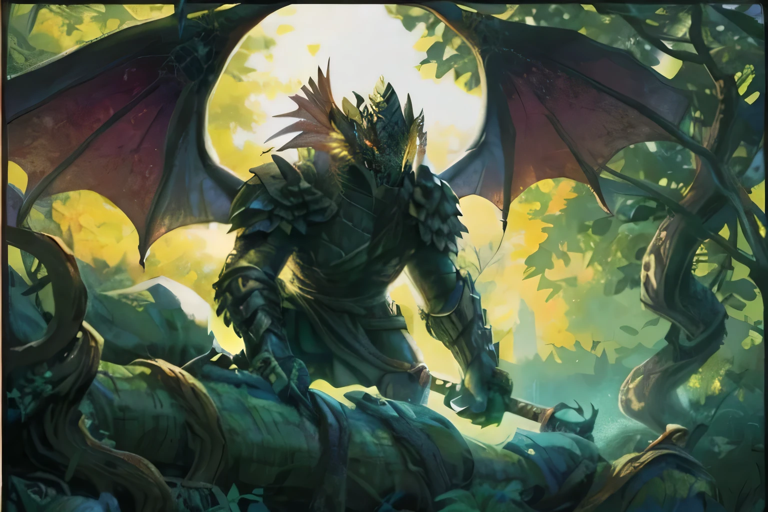 Chiaroscuro、Eyes that shine in every detail、A giant winged creature that inhabits the glades of an enchanted forest. [Dragon:Tiger:28]、night、Spotted Light、Poster Art、Very detailed
