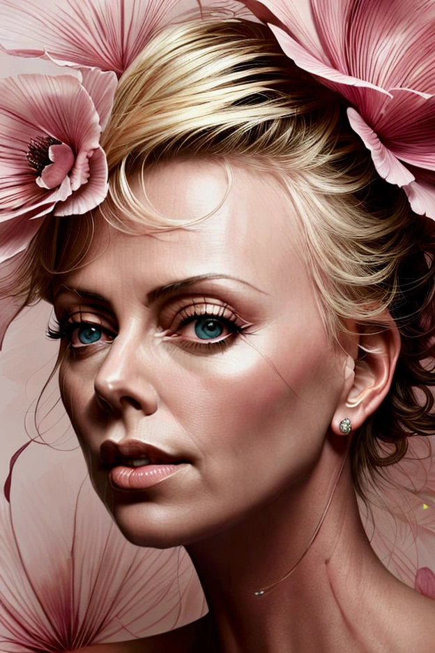 Charlize Theron in A botanical masterpiece in the style of Marco Mazzoni, detailed, hyper-realistic, front view, elemets of symbolism and surrealism, a painting by mse a attractive seductive Charlize Theron by agnes cecile, luminous design, pastel colours, ink drips, spring lights, intricate design, looking to the viewer intertwined, beautiful attractive seductive Charlize Theron, flowers, pastel, looking to the viewer, front view