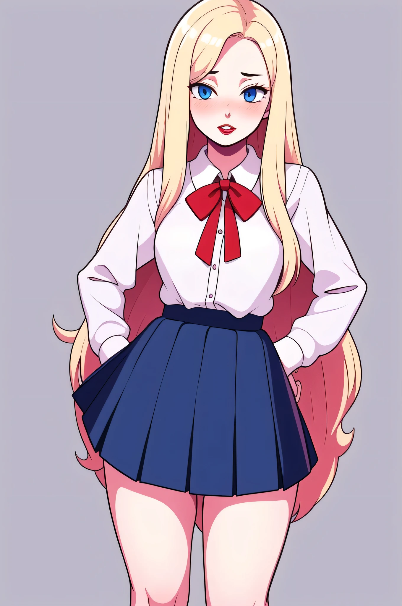 hotify,parted lips,pale skin,tight undersized school uniform,check copyright,1girl,long straight hair,red-lipstick female,blonde hair,non-web source,blue eyes,simple background,looking at viewer,solo,school skirt, sharp almond eyes, standing straight, shy, blush
