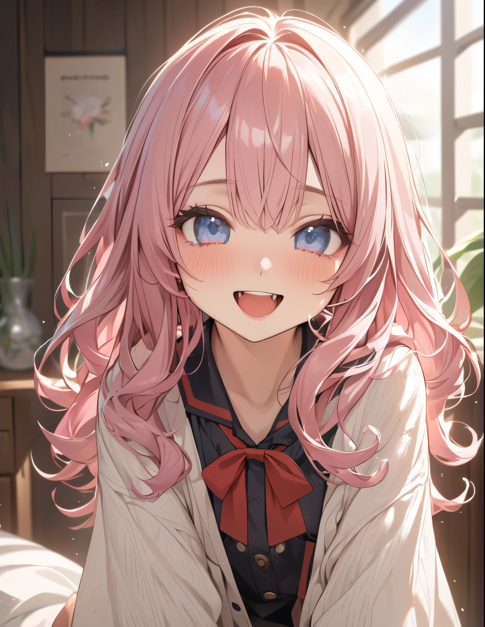 Pink hair and eyes、Soft hair、cute、Girl、flower、indoor、
unkempt hair

high resolution, Best Quality, High detail, Retina, Ultra high definition, Textured skin, 

smile, Open your mouth a little, ribbon, accessories, Illustration, 