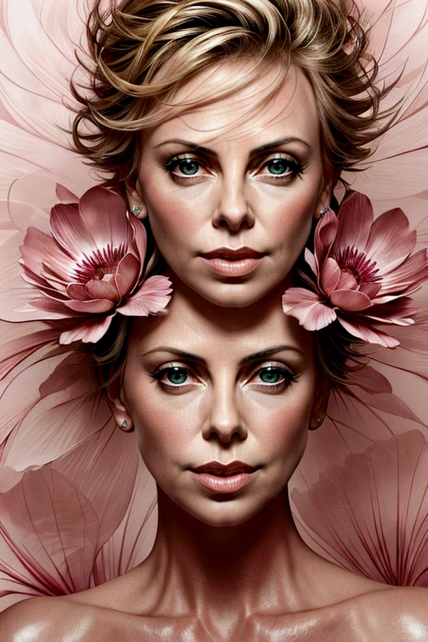 Charlize Theron in A botanical masterpiece in the style of Marco Mazzoni, detailed, hyper-realistic, front view, elemets of symbolism and surrealism, a painting by mse a attractive seductive Charlize Theron by agnes cecile, luminous design, pastel colours, ink drips, spring lights, intricate design, looking to the viewer intertwined, beautiful attractive seductive Charlize Theron, flowers, pastel, looking to the viewer, front view