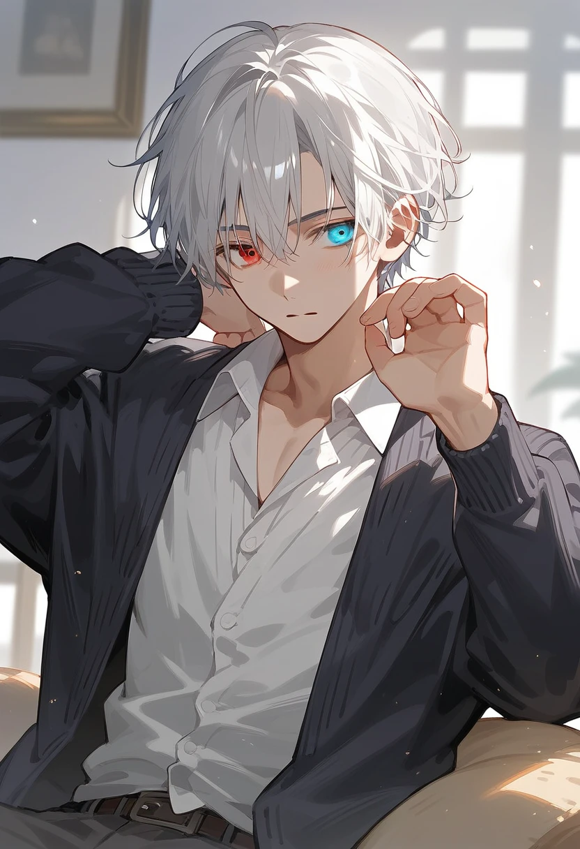 Man (short white hair) wearing a black shirt (blue eyes) (shirt sleeves folded) wearing black trousers) pose standing straight facing to the side (shirt collar open) Pose of hands gripping waist