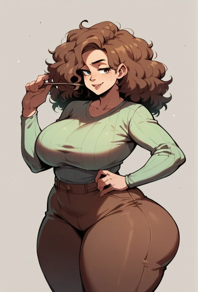 anime milf with Four breasts, massive ass, middle age, curly hair, sandy brown hair, frizzy hair, freckles, leggings, spandex, thick thighs, Thicc, 10m tall, giantess