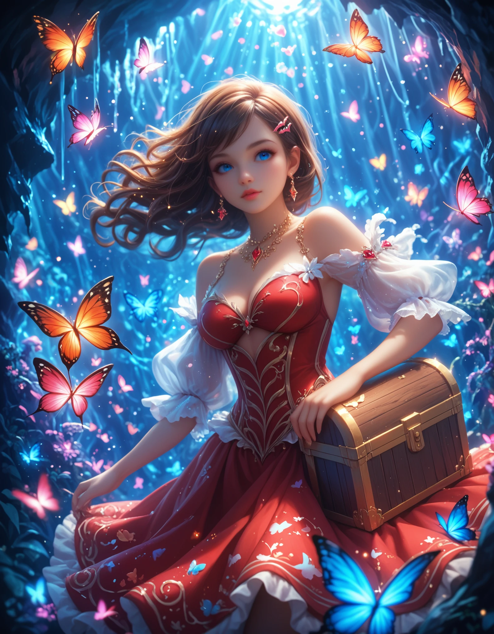 anime, young woman, beautiful, brown hair, bright blue eyes, Curvy,  Dressed in Red Velvet with Bat Patterns , Bright Hair Clip ,  Background A swarm of colorful butterflies circles around The Girl in the Cave Where the Treasure Chest Lies,  Colorful Jewelry Sparkles , Shine, shadows, complex detailed background, lianas, month, 