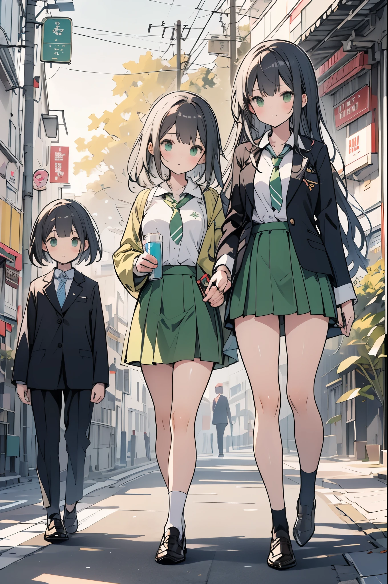 ((Best Quality、8k、masterpiece:1.3)),Japanese anime style,people々girl,1people,1peopleで,((Petite、Glamorous Body,curve)),cute,((Beautiful long black hair,The tip of the hair is blue )),Beautiful emerald green eyes,(((Black blazer,White blouse,Green tie,Green mini skirt))),(((Gal Style))),(((Loose socks,loafers))),((( holding a drink cup in your right hand while walking))),