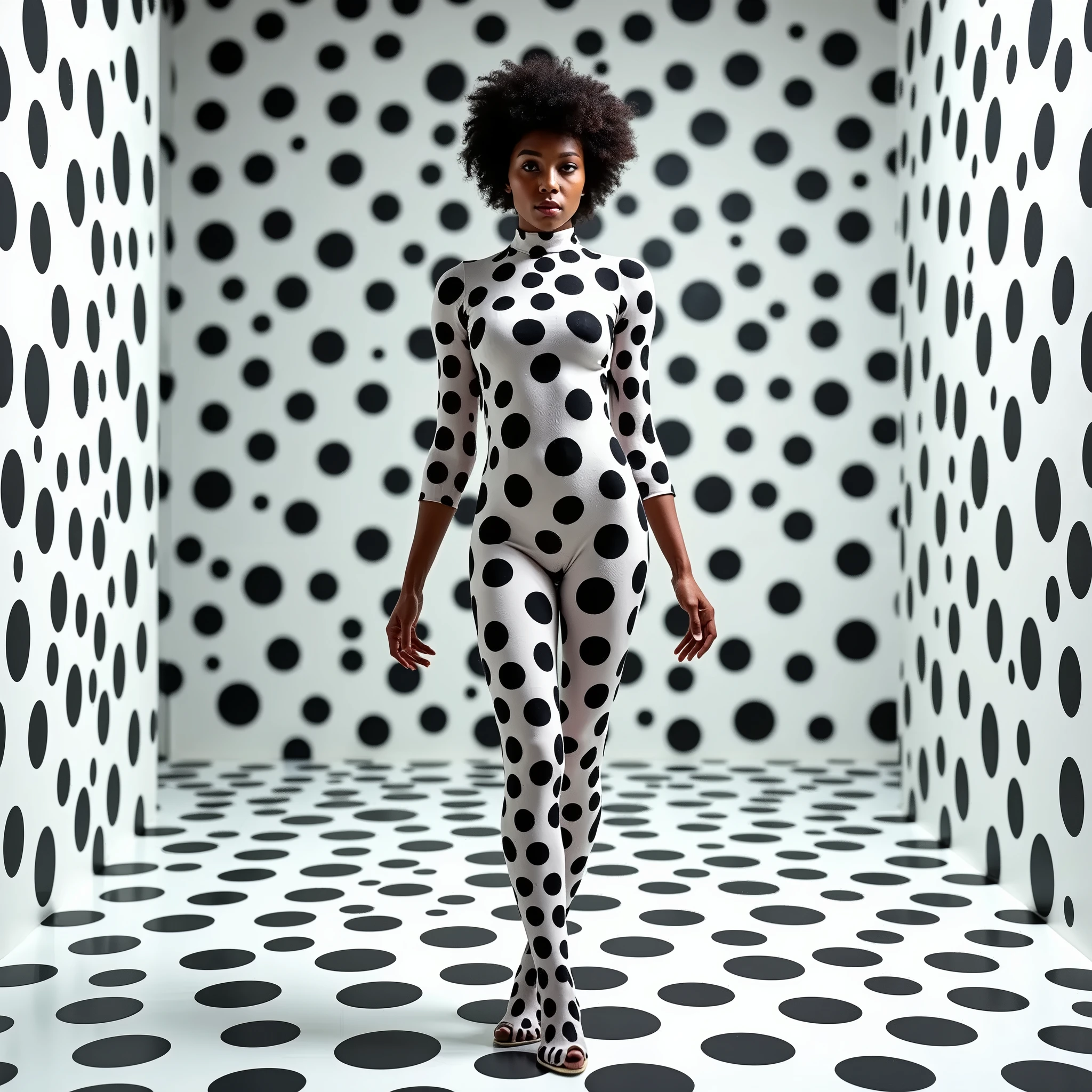 Side angle shot of black woman sitting model pose in a room full of abstract shapes of circles, triangles and squares, with a red sphere in the background, black and white picture with only the red sphere in colour, ultra HD, cinematic lighting, 32k 