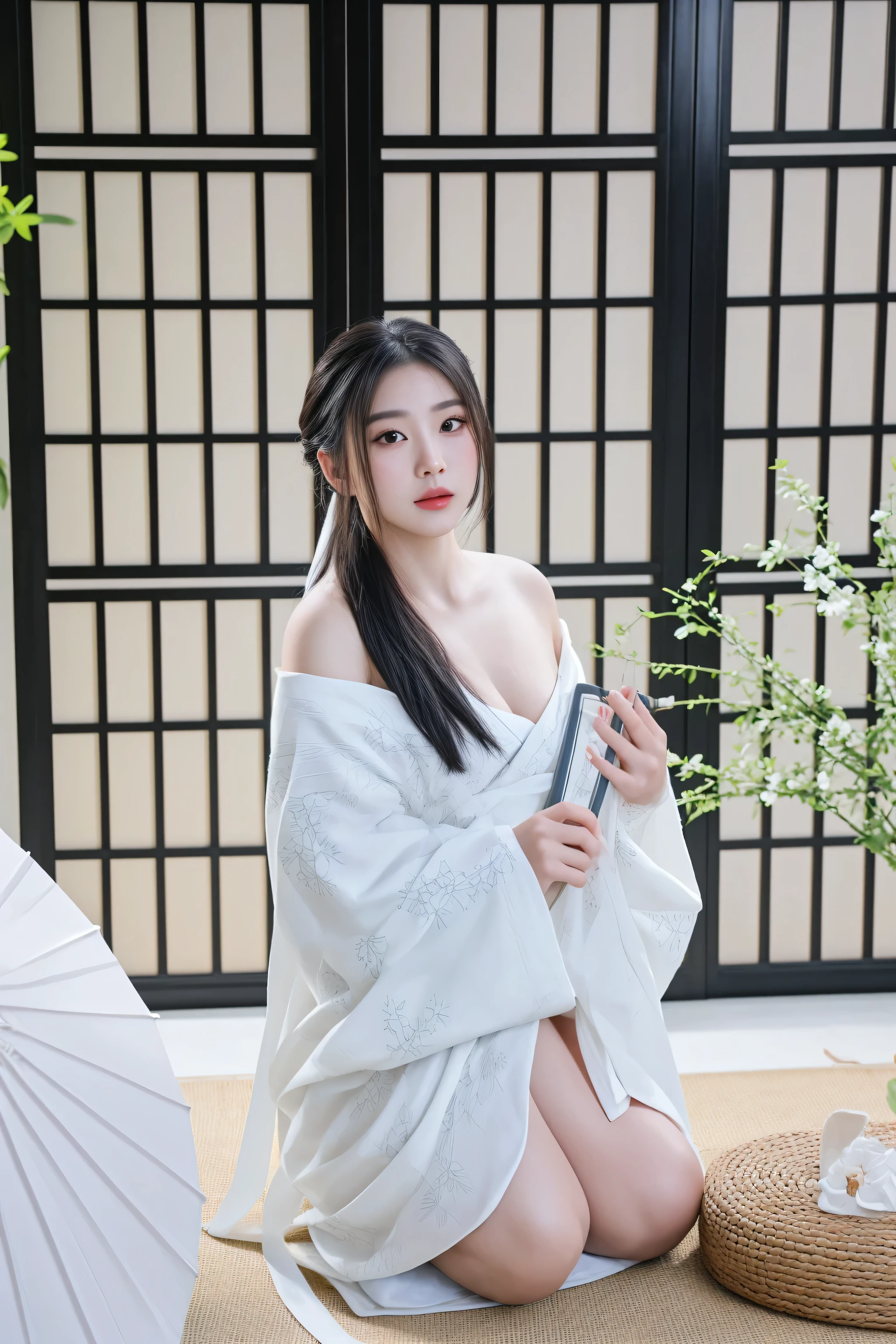 Japanese、１people々 woman、Photo Style、length, Straight black hair、bangs、light makeup、Standard face、(((Wearing a white loincloth)))、(((Nipples)))、Summer festival、((Showing off your loincloth)), 32k, Raw photo、Highest quality