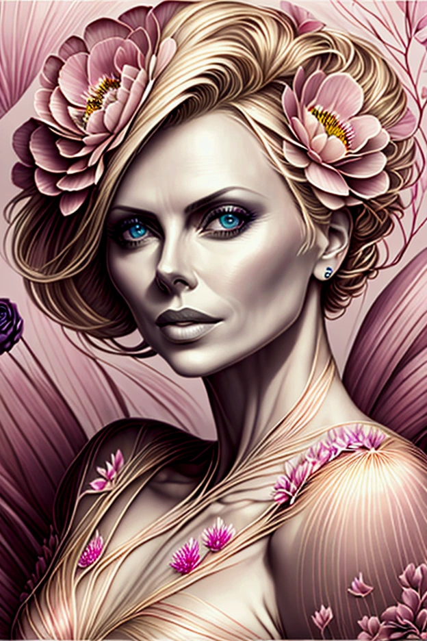 Charlize Theron in A botanical masterpiece in the style of Marco Mazzoni, detailed, hyper-realistic, front view, elemets of symbolism and surrealism, a painting by mse a attractive seductive Charlize Theron by agnes cecile, luminous design, pastel colours, ink drips, spring lights, intricate design, looking to the viewer intertwined, beautiful attractive seductive Charlize Theron, flowers, pastel, looking to the viewer, front view