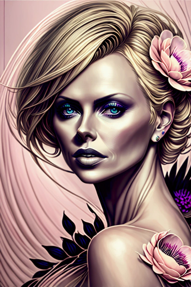 Charlize Theron in A botanical masterpiece in the style of Marco Mazzoni, detailed, hyper-realistic, front view, elemets of symbolism and surrealism, a painting by mse a attractive seductive Charlize Theron by agnes cecile, luminous design, pastel colours, ink drips, spring lights, intricate design, looking to the viewer intertwined, beautiful attractive seductive Charlize Theron, flowers, pastel, looking to the viewer, front view