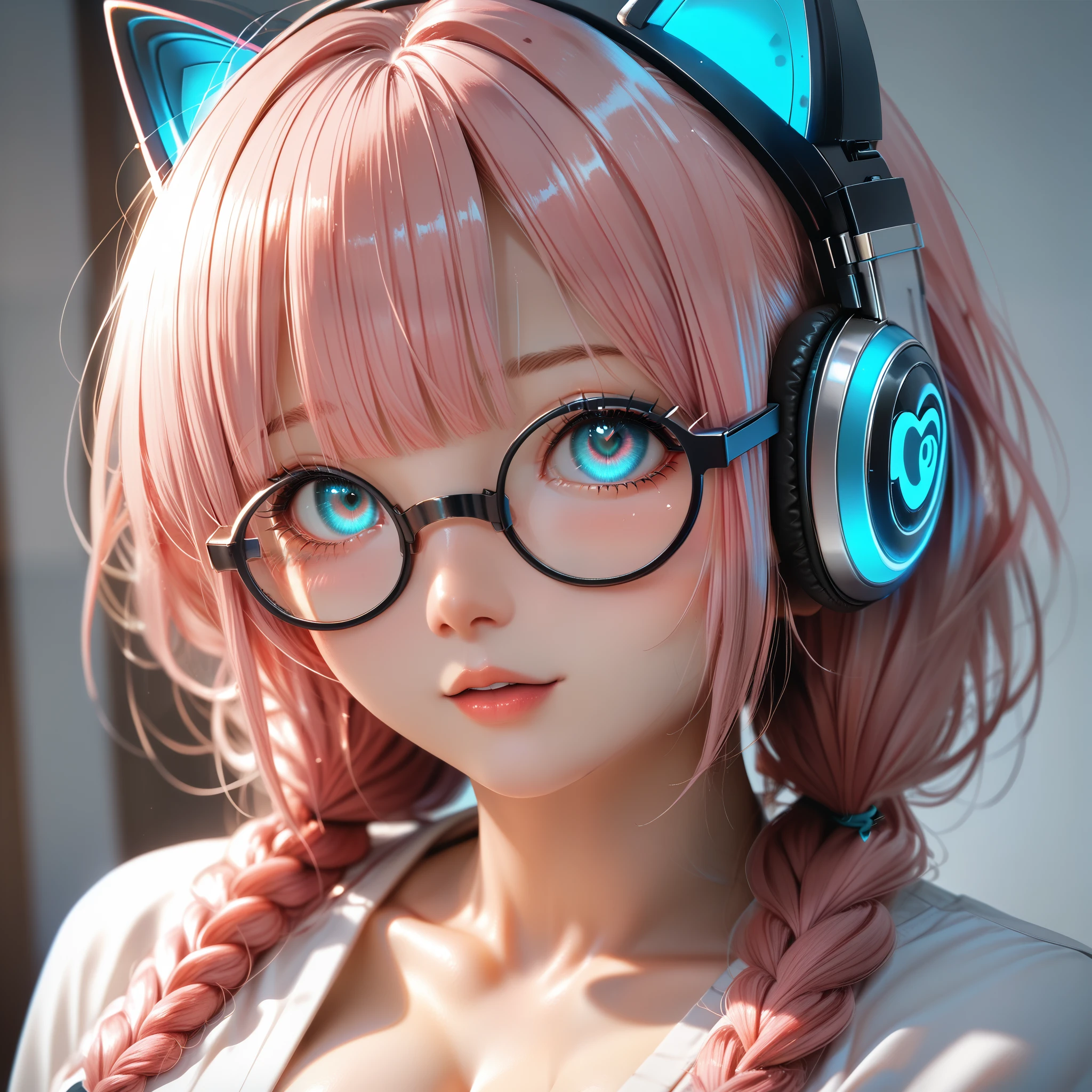 (best quality:1.2), (ultra-detailed:1.2), (2.5D:1.2), (Anime Moe Art Style), 1girl , pink hair, Cyan eyes, gradient eyes, twin braids, blue Glowing cat ear headphones, black round glasses, large breasts, face focus, cleavage, 黒いレオタード
