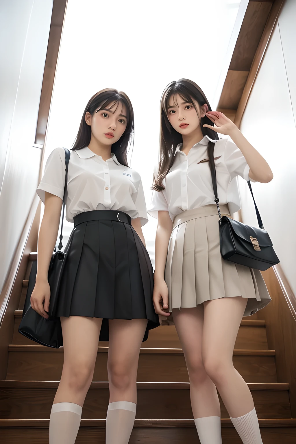 heavy rain, soaked, long hair, looking at viewer, smile, bangs, (Two girls in:1.2), skirt, brown hair, shirt, black hair, short sleeves, brown eyes,  long hair, standing, white polo shirt, pleated mini skirt, open clothes, shoes, black socks, striped, collared shirt, hand up, bag, kneehighs, brown footwear, loafer, school bag, Wet, Cowboy shot, (From below:1.2), Long stairway