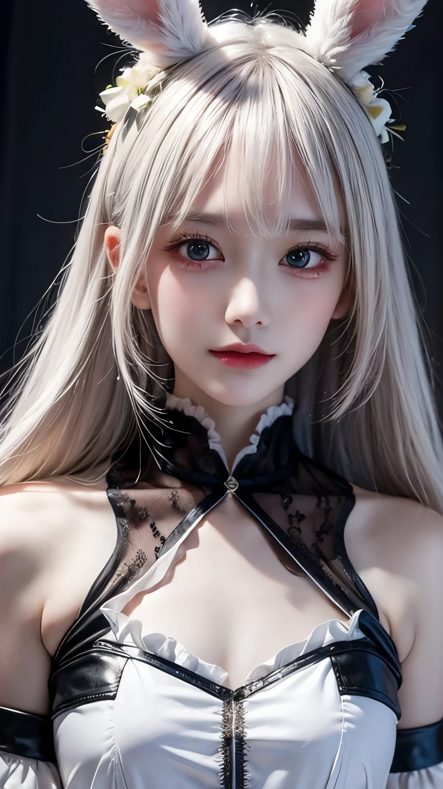 cleavage, Volumetric lighting、extra detailed face、1girl、dark、deep-shadows、lowkey、cowboy  shot、(Formula service:1.4)、length hair、white  hair