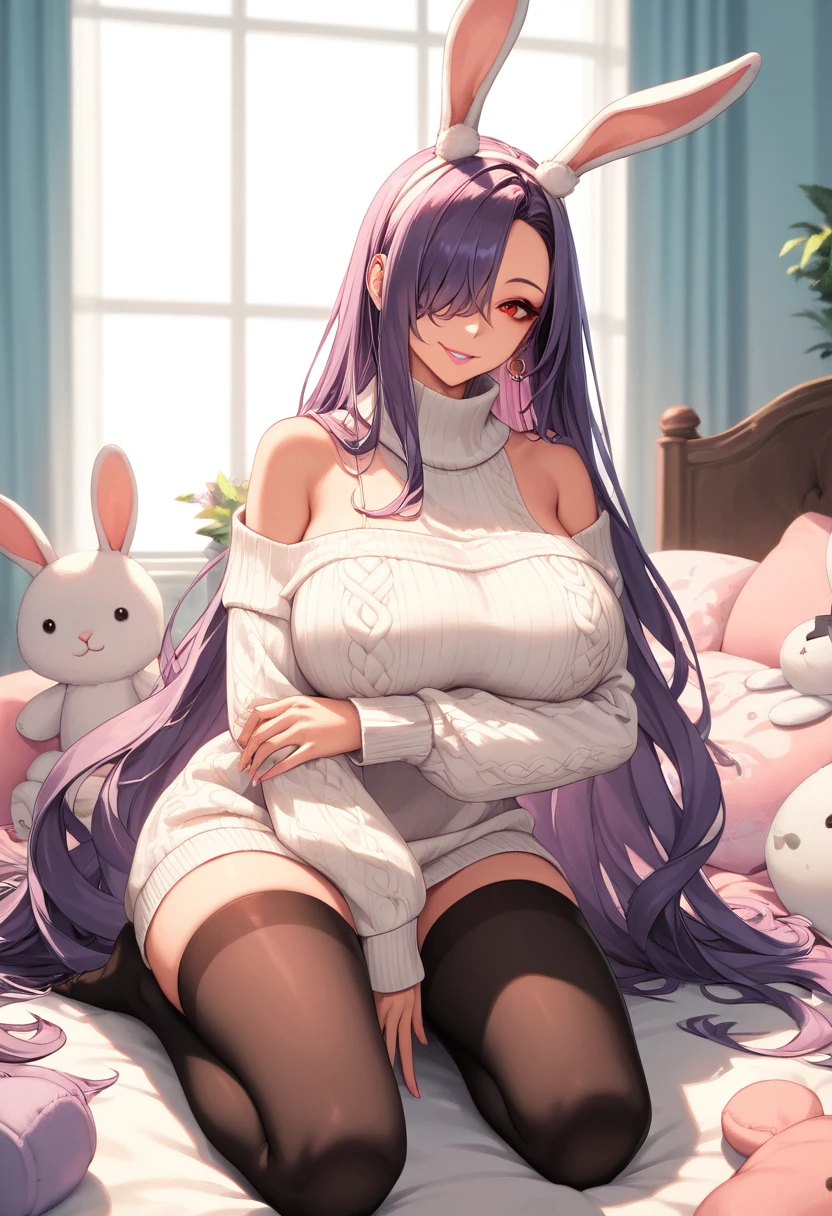 score_9, score_8, score_7, source_animated, 1mature_FE, alone, dominant, flirtatious look, looking at the public, smile, pink lip,  white bare shoulder sweater, long oversized sweater, bright purple hair, Very long hair, hair covers one eye, BRIGHT RED EYE, white bunny ears ornament, Big breasts, black stockings, very long stockings, kneeling on a bed, open legs, hugging a plush rabbit , comfortable room, perfect body, perfect anatomy, erotic anatomy, perfect arms, perfect fingers, perfect legs, ambient lighting.