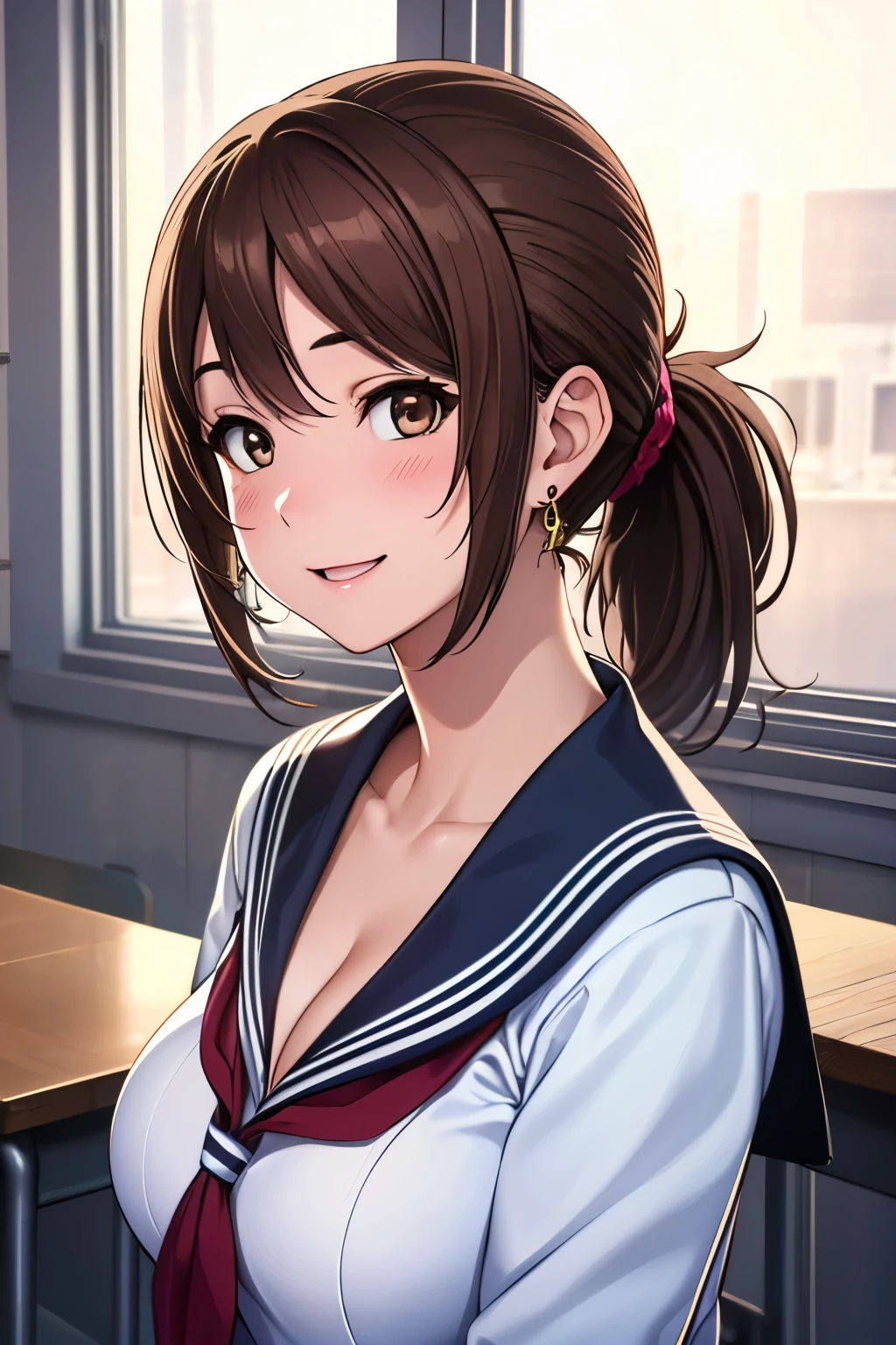  (Highest Resolution:1.2)、(: 1.2), 8K resolution、 Highly Detailed Face and Skin Textures, Cinematic Light、Perfect physique、Brown eyes、(Blushed Smile)、Open your mouth、((Brown hair ponytail:1.2))、((Realistic texture:1.3))、((White sailor suit))、School classroom、(Cleavage)、Upper body close-up、Big earrings、skirt、student。window、