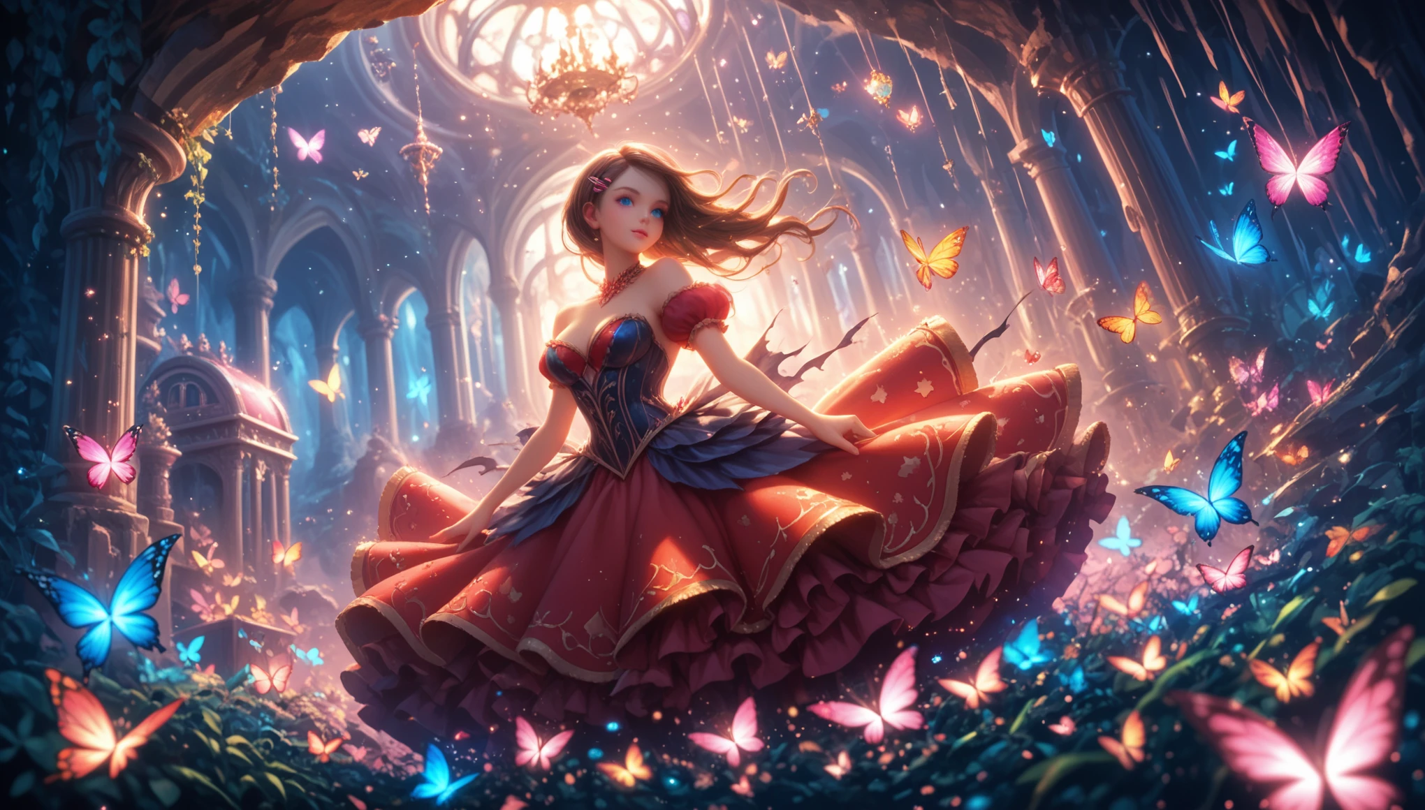 anime, young woman, beautiful, brown hair, bright blue eyes, Curvy,  Dressed in Red Velvet with Bat Patterns , Bright Hair Clip ,  Background A swarm of colorful butterflies circles around The Girl in the Cave Where the Treasure Chest Lies,  Colorful Jewelry Sparkles , Shine, shadows, complex detailed background, lianas, month, 