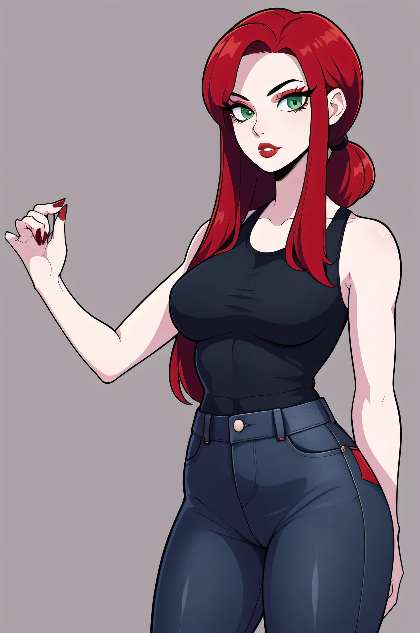 hotify,parted lips,pale skin,tight undersized black tank top,check copyright,1girl,straight hair,red-lipstick female,red hair,hair ponytail,non-web source,green eyes,simple background,looking at viewer,solo,dark blue jeans, sharp almond eyes, standing straight, black mascara. 
