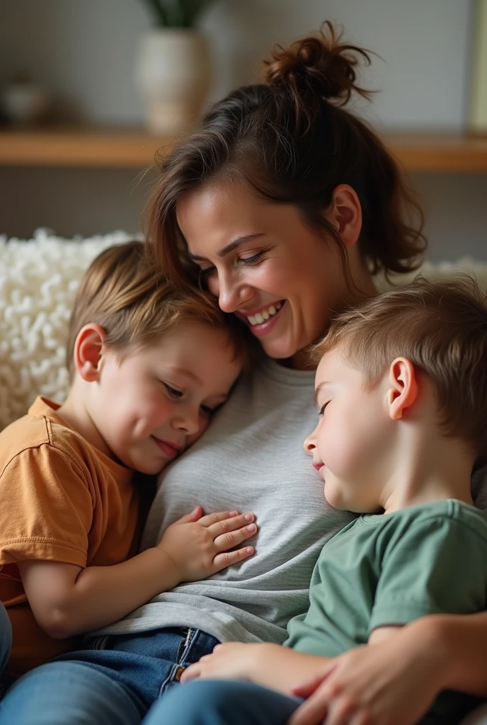 Family portrait of young British mum with sons sitting on couch. sons touching mums front tshirt