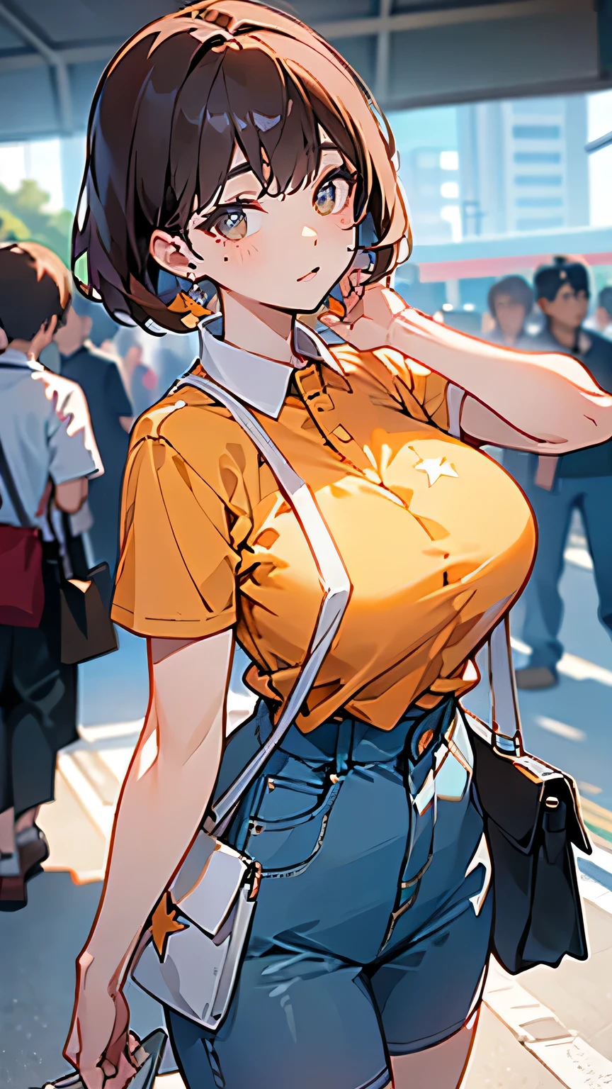 Best Quality、8k、Ultra-high resolution、masterpiece、 Professional Lighting、Clear photo、Realistic photos (1 cute Korean star) Reverse Hair, light makeup, The chest size is large , At the station,Anatomically correct body、Big Breasts、Very slim、Delicate body:1.4、Narrow waist、Short Bob Hair、Brown Hair、 She's wearing a tight orange polo shirt:1.8、 Please carry a black shoulder bag over your shoulder :1.6、Wear a shoulder bag diagonally:1.8、