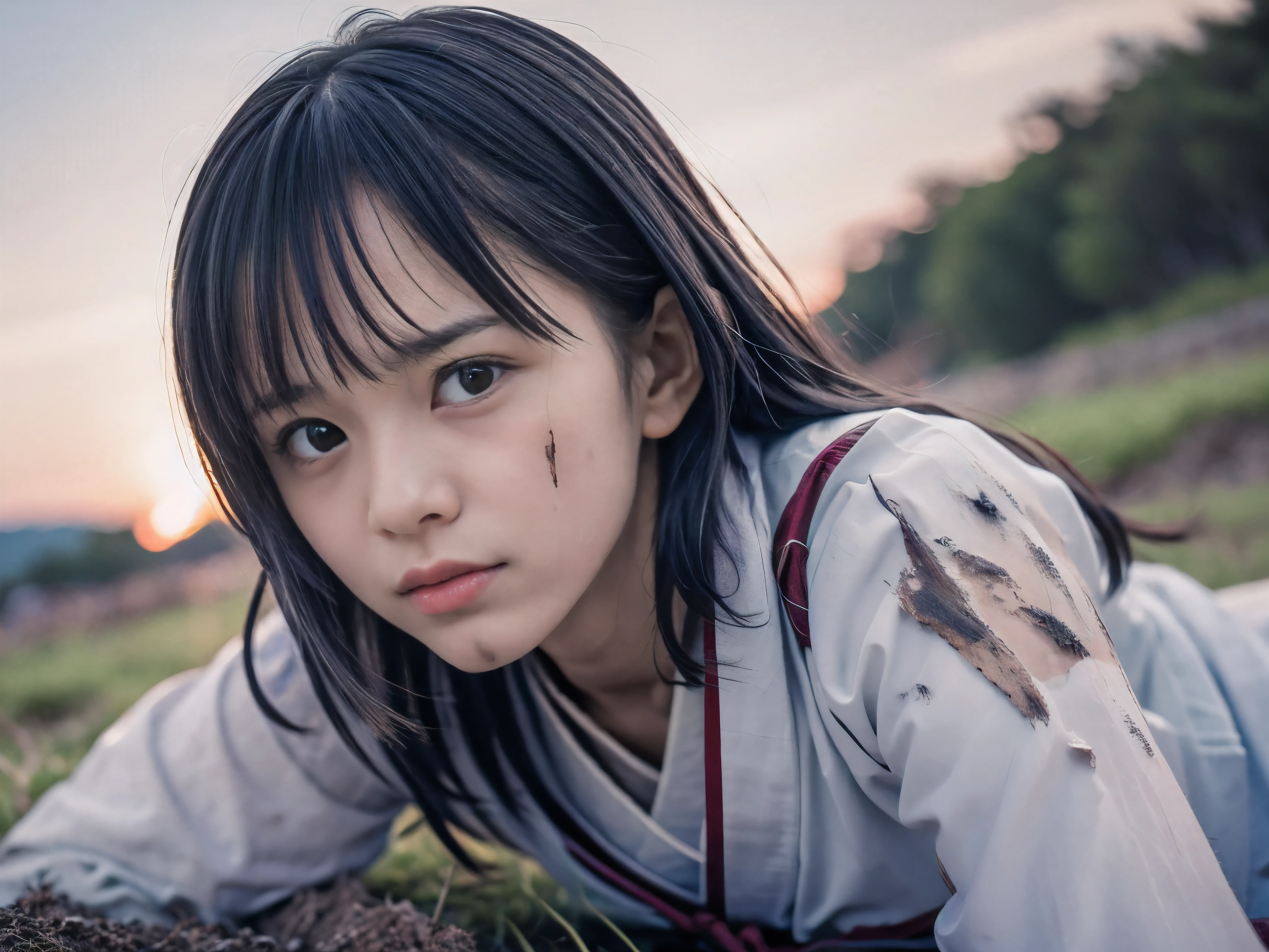 (Close up low angle shot of one naked slender small breasts two side up black medium hair with bangs girl in a samurai black armor:1.5)、(One girl is lying with her back behind on the grassland at the Sengoku period in Japan with crying dirty face:1.5)、(Beautiful sunset red sky:1.5)、(blurred background:1.5)、(Natural light:1.5)、(8k ultra detailed master piece:1.5)、(perfect anatomy:1.5)、(Photorealistic stick:1.5)、(Raw photo:1.3)、(highest quality:1.5)、(High resolution:1.3)、(Delicate and beautiful perfect face:1.3)、(Delicate and beautiful eye air skin:1.3)、(Real Human Skin:1.3)、((thin legs))