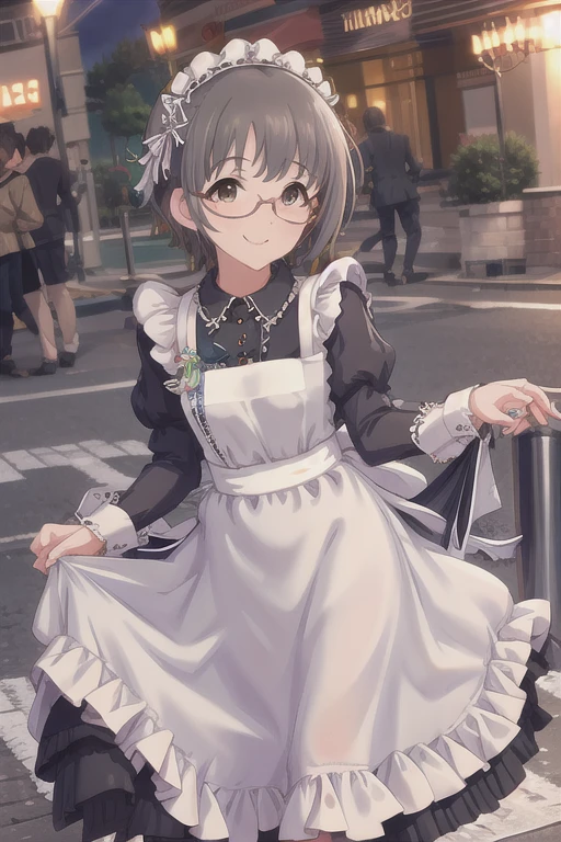 masterpiece, Best Quality, High resolution, The Idolmaster,  Maid headdress, Side Lock, Glasses, frills, brooch, Maid,  black dress to hang your body, Puff sleeves, Long sleeve, Maid apron, White apron, bustling street,Running,sunny, standing, Skirt Hold,smile, (Perfect hands, Perfect Anatomy)