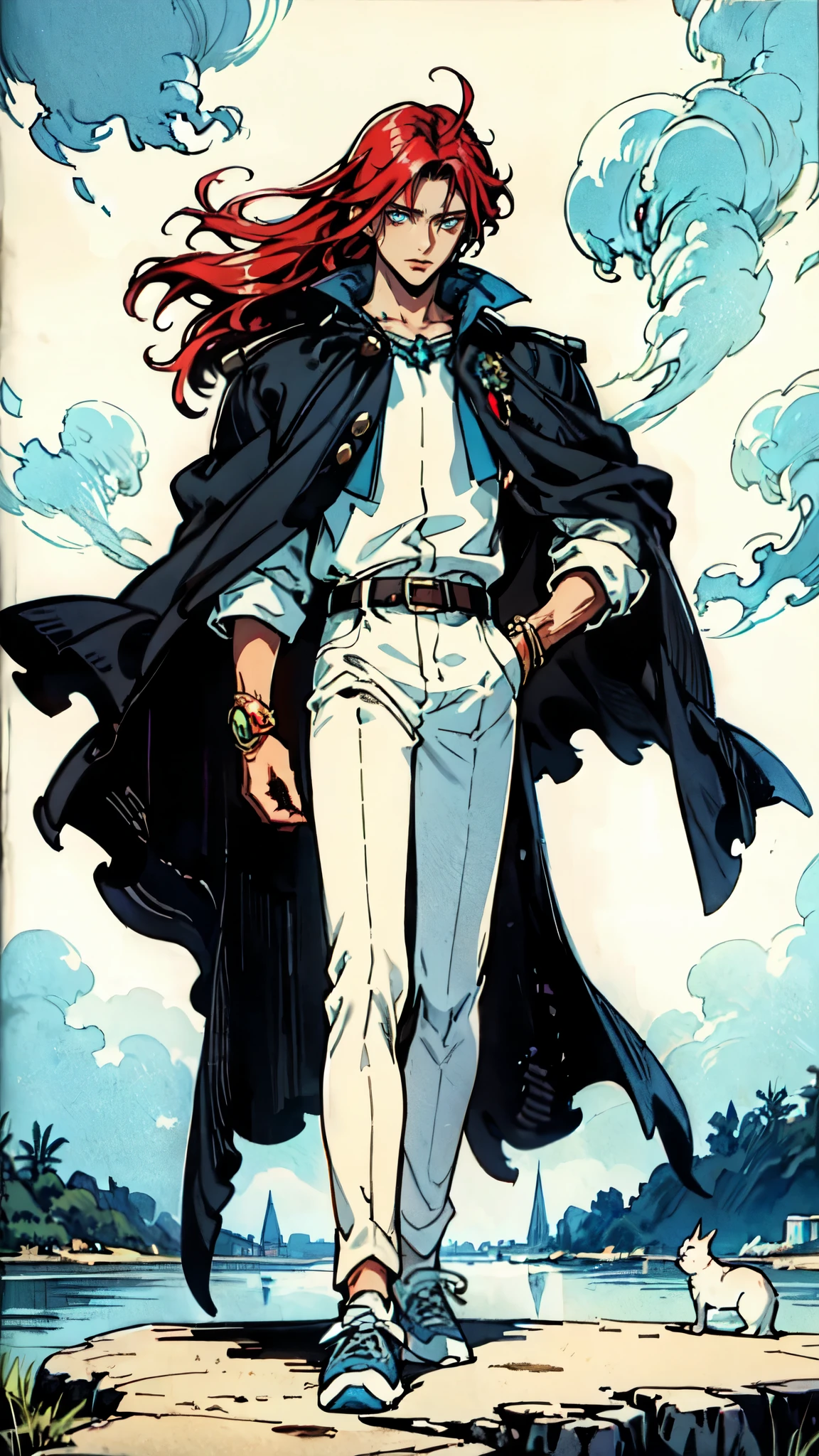 (masterpiece:1.2, best quality:1.2, extremely delicate:1.2), ((male:1.5)), a young man with long red hair, delicate face, gentle eyes, peaceful expression, fantasy-realism style outfit, a red and black short cape, a blue and white leather jacket, a belt, white pants, sneakers, his hands in his pockets, he strolls by a lakeside under dark cloudy skies, this character embodies a finely crafted fantasy-realism style Wise in anime style, exquisite and mature manga art style, dramatic, high definition, highres, ultra-detailed, ultra-fine painting, professional, perfect body proportions, golden ratio, anatomically correct, symmetrical face, extremely detailed eyes and face, high quality eyes, creativity, RAW photo, UHD, 32k, Natural light, cinematic lighting, (masterpiece-anatomy-perfect:1.2)