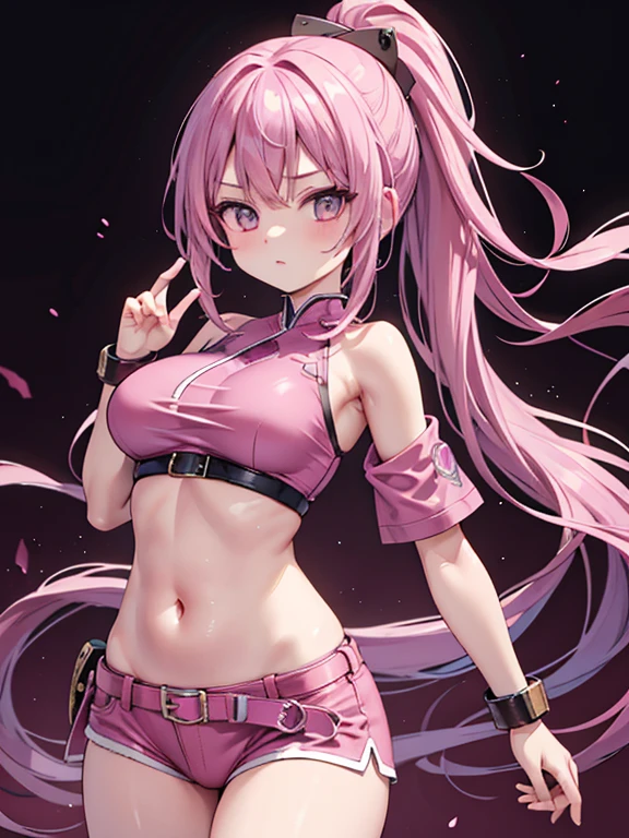 Sportsgirl、bright pink long hair、elf-ears、(((Huge breasts)))、(Puffy nipple、Sportsbra)、(pink tattoo on abs)、(((Cameltoe)))、(((maikurobikini)))、(knee high socks、long boots、zettai ryouiki)、(((NSFW)))、Small clothes、(((pink tattoo on stomach)))