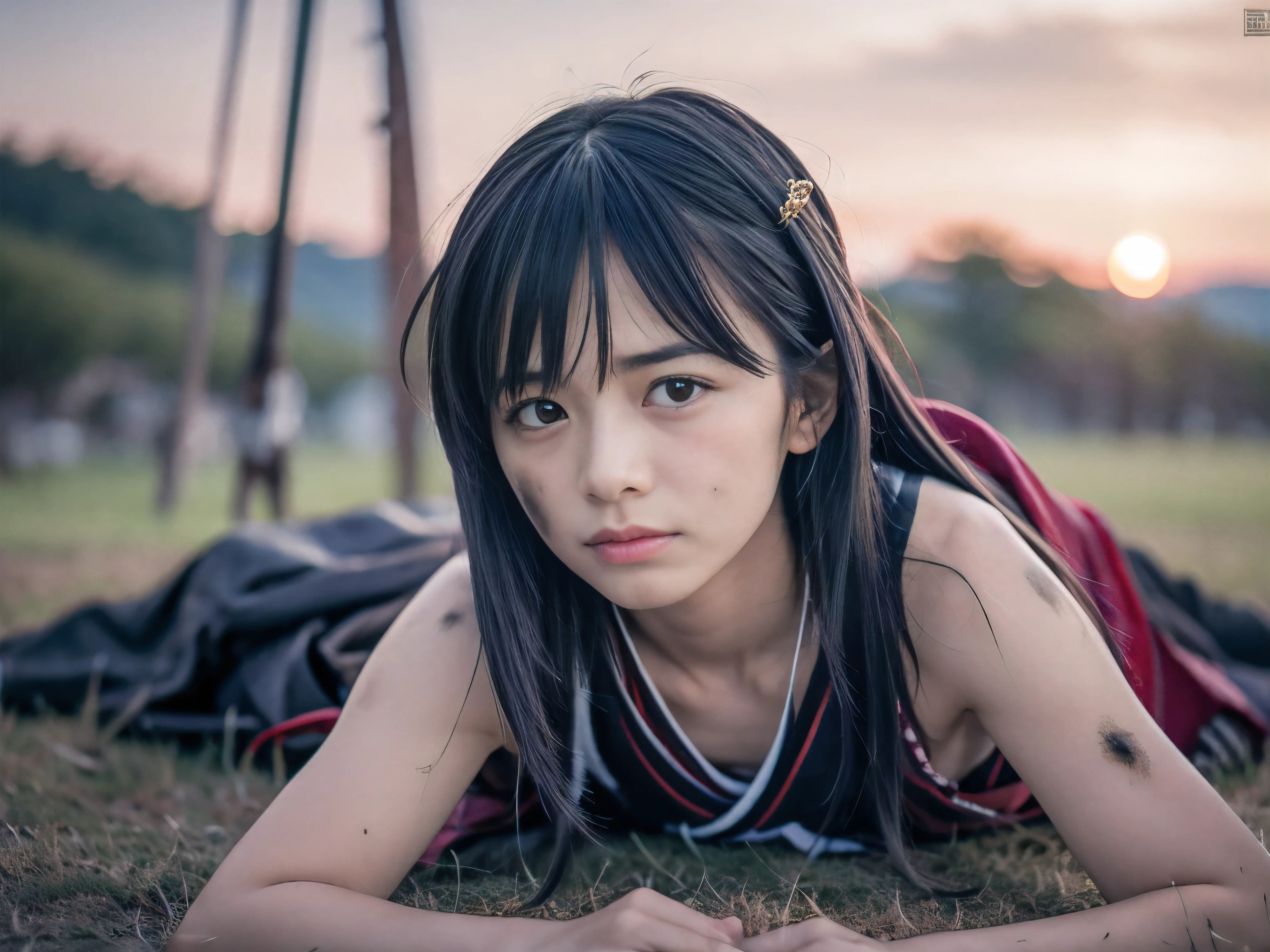 (Close up low angle shot of one naked slender small breasts two side up black medium hair with bangs girl in a samurai black armor:1.5)、(One girl is lying with her back behind on the grassland at the Sengoku period in Japan with crying dirty face:1.5)、(Beautiful sunset red sky:1.5)、(blurred background:1.5)、(Natural light:1.5)、(8k ultra detailed master piece:1.5)、(perfect anatomy:1.5)、(Photorealistic stick:1.5)、(Raw photo:1.3)、(highest quality:1.5)、(High resolution:1.3)、(Delicate and beautiful perfect face:1.3)、(Delicate and beautiful eye air skin:1.3)、(Real Human Skin:1.3)、((thin legs))