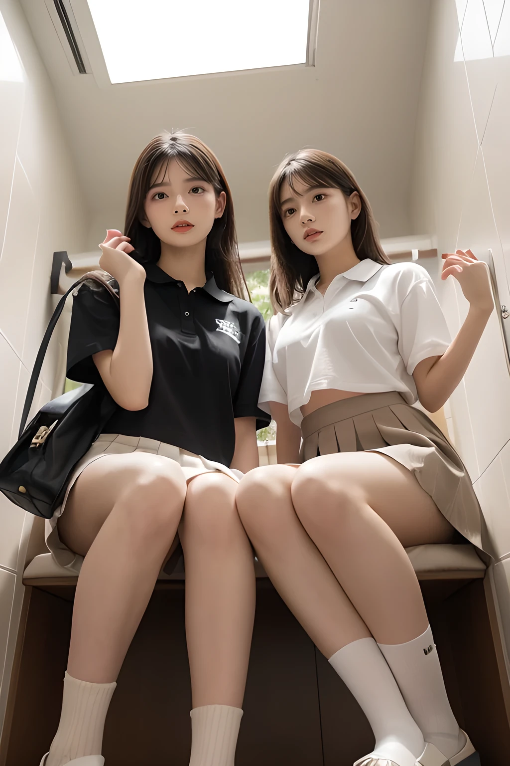 heavy rain, soaked, long hair, looking at viewer, smile, bangs, (Two girls in:1.2), skirt, brown hair, shirt, black hair, short sleeves, brown eyes,  bob hair, sitting in Bathroom, white polo shirt, pleated mini skirt, open clothes, shoes, black socks, striped, collared shirt, hand up, bag, kneehighs, brown footwear, loafer, school bag, Wet, Cowboy shot, (From below:1.2), 