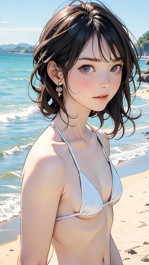 (****ars old:1.4),(Very Young Face), (japan Person famous idol), 1girl, 1girl, (Extremely small white micro bikini style:1.4), Stroll along the seaside, sunshine, (masterpiece:1.0),(best_quality:1.0), ultra high res,4K,ultra-detailed, photography, 8K, HDR, highres, (perfect anatomy:1.2),(Beauty of form:1.4) Golden ratio, big eye,(natural providence:1),