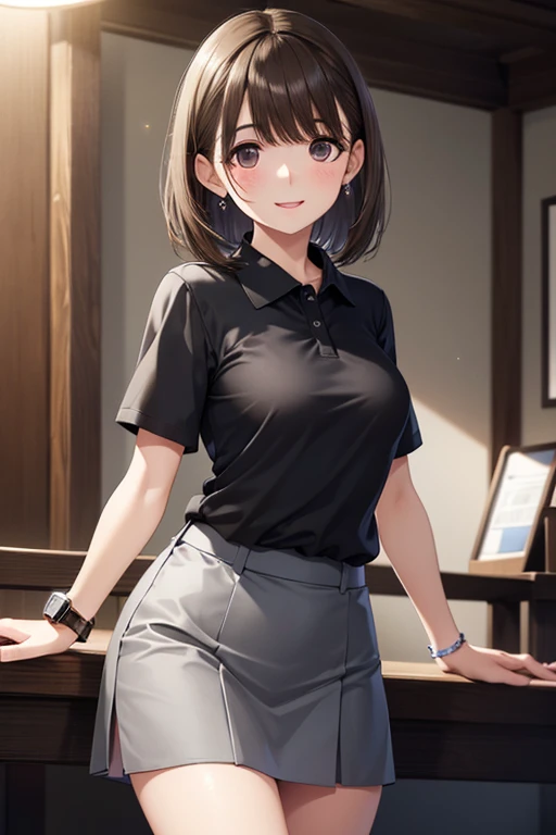 (1 woman), short bob, 18 years old, Japanese, brown eyes, brown hair, slim, (flat chest), high school girl, classroom, summer uniform break at school. Blouse was white and transparent, so bra was visible. Black bra