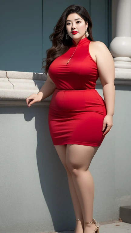 on the street，Fat woman，Very fat，Very fat，Light red clothes (No cleavage),thigh, cosmetic, Outdoor sports, earrings, necklace, High-necked cheongsam, High target Neck Knit Bodycon Skirt，full-body shot，An Asian Japanese woman，18 years old，big eyes，elegant temperament elegant temperament，(masterpiece:1.2, best quality), Practical, (The real situation,20 years old， Intricate details, Depth of Field，High target neck clothes), careful, The content is very detailed, This is a perfect face, Perfect body, Large Model, Mature woman, High target，Black mesh garter stockings，8K,best quality, masterpiece, Ultra-high resolution,(lifelike:1.4), original photo, Stay focused, detailed, dramatic, Exquisite beautiful woman, (tall and straight:1.1),(Fat goddess desetallic high collar,High target collar fitted skirt),half butterfly earrings, double ring necklace, (:1.05), (65 years old, : 1.4),Long curly hair, Dynamic Angle, (Red lips)Beautiful graphics, Pleated Skirt and Fishnet Stockings，High target heel