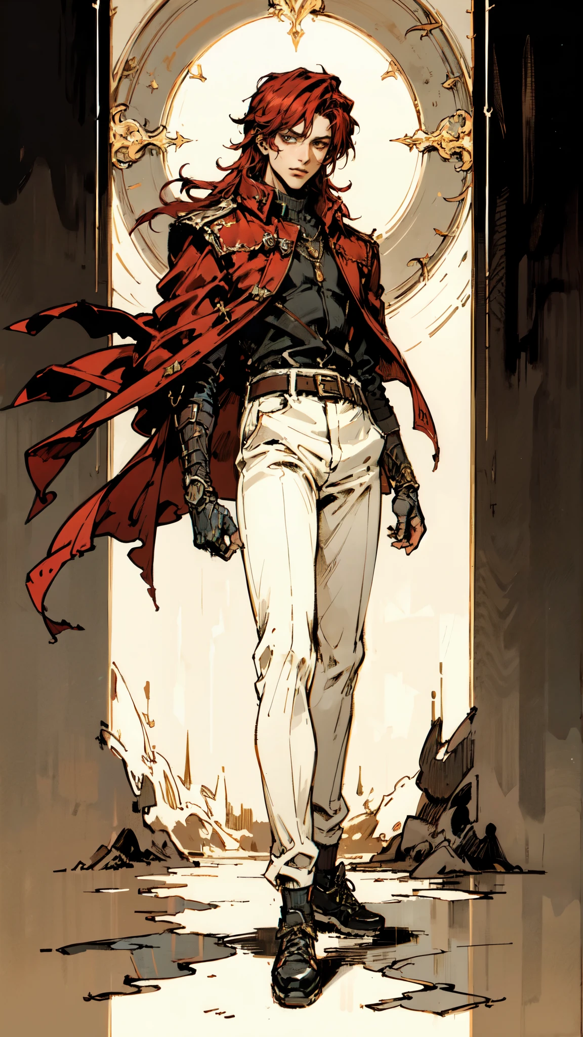 (masterpiece:1.2, best quality:1.2, extremely delicate:1.2), ((male:1.5)), a young man with long red hair, delicate face, gentle eyes, peaceful expression, fantasy-realism style outfit, a red and black short cape, a blue and white leather jacket, a belt, white pants, sneakers, his hands in his pockets, he strolls by a lakeside under dark cloudy skies, this character embodies a finely crafted fantasy-realism style Wise in anime style, exquisite and mature manga art style, dramatic, high definition, highres, ultra-detailed, ultra-fine painting, professional, perfect body proportions, golden ratio, anatomically correct, symmetrical face, extremely detailed eyes and face, high quality eyes, creativity, RAW photo, UHD, 32k, Natural light, cinematic lighting, (masterpiece-anatomy-perfect:1.2)