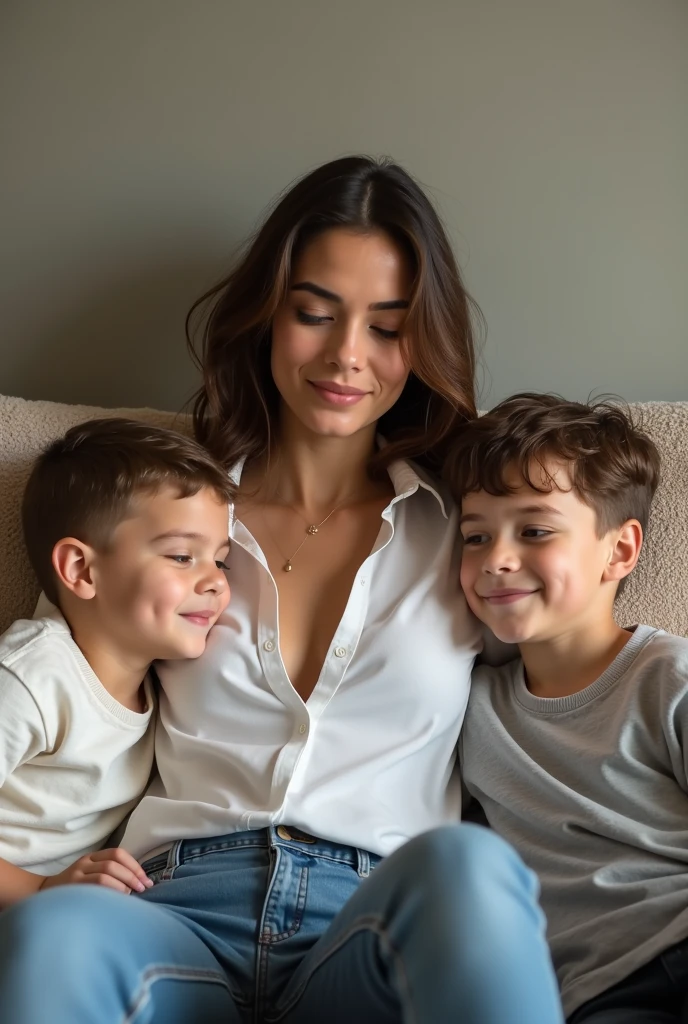 Family portrait of young British mum with sons sitting on couch. Mum showing cleavage