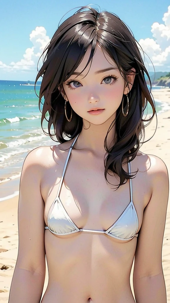 (****ars old:1.4),(Very Young Face), (japan Person famous idol), 1girl, 1girl, (Extremely small white micro bikini style:1.4), Stroll along the seaside, sunshine, (masterpiece:1.0),(best_quality:1.0), ultra high res,4K,ultra-detailed, photography, 8K, HDR, highres, (perfect anatomy:1.2),(Beauty of form:1.4) Golden ratio, big eye,(natural providence:1),