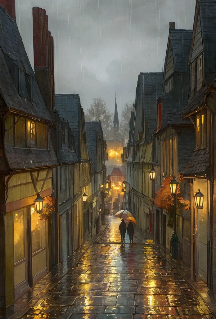 "A rainy evening street scene in a small European town, with reflections of warm glowing street lamps and buildings on the wet pavement. The scene is captured in an impressionist painting style, with vibrant brush strokes. The buildings are quaint, with dark rooftops, and the atmosphere feels cozy despite the rain. A white car is parked on the street, and the reflections of light create a peaceful ambiance. The autumn trees add a splash of orange and yellow to the cool, muted tones of the scene."