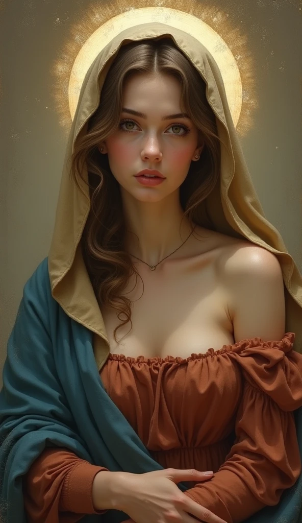 signature Virgin Mary, upper body, beautiful face, perfect body, beautiful virgin marry face, big  , one girl, nipples, rounded tits, massive tits