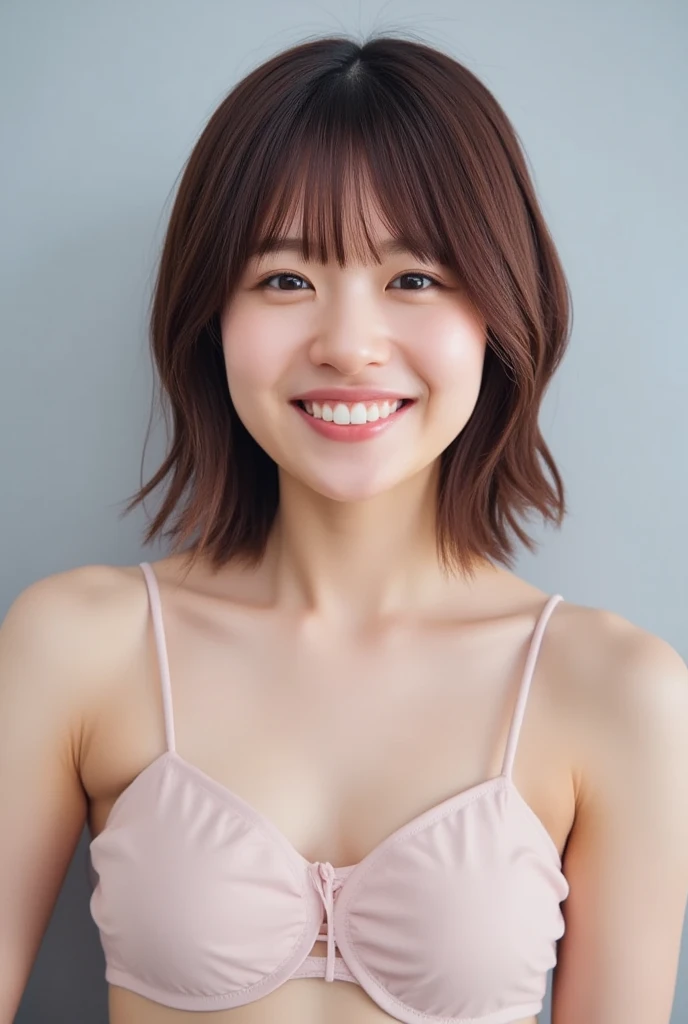 high resolution photograph of a Japanese woman, highest quality, 32K, masterpiece, realistic, photo realistic, intricate details, extremely detailed, insanely detailed, incredibly detailed, sharp focus, professional lighting, detailed face, beautiful detailed eyes, beautiful pupils, sophisticated nose, fair skin, fine textured skin, big smile, teeth out, (flat chest, bikini), (bent over), perfect anatomy, 