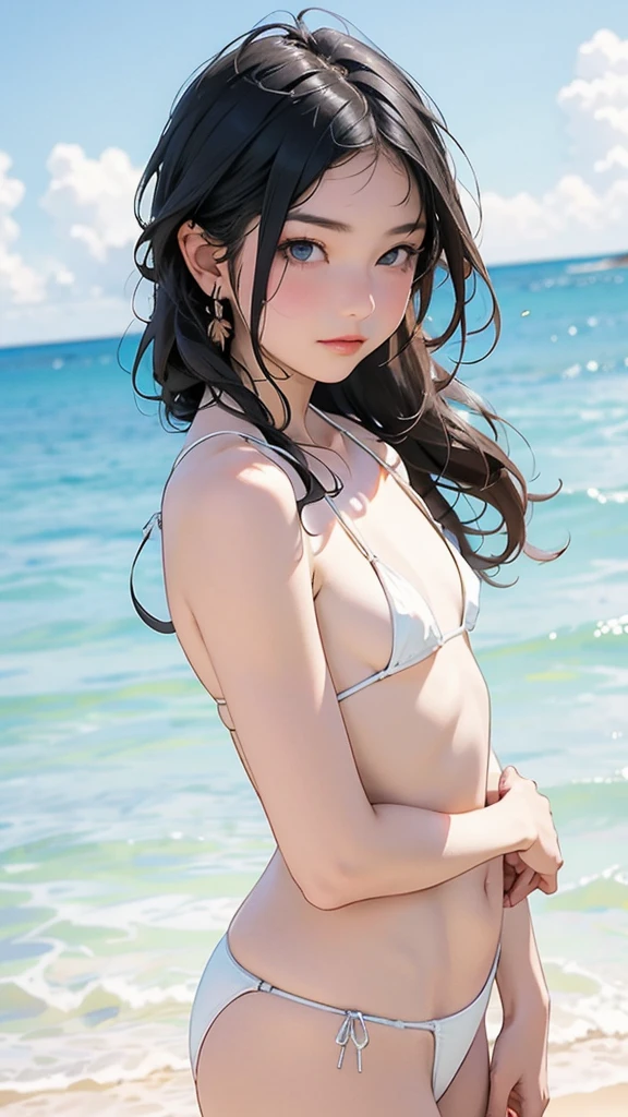 (****ars old:1.4),(Very Young Face), (japan Person famous idol), 1girl, 1girl, (Extremely small white micro bikini style:1.4), Stroll along the seaside, sunshine, (masterpiece:1.0),(best_quality:1.0), ultra high res,4K,ultra-detailed, photography, 8K, HDR, highres, (perfect anatomy:1.2),(Beauty of form:1.4) Golden ratio, big eye,(natural providence:1),