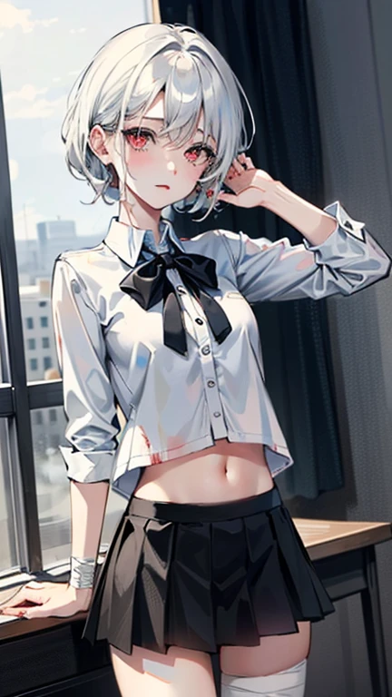 (Masterpiece: 1.1), (Best Quality: 1.0), (Ultra High Definition: 1.0), (8K Resolution: 1.2), (Real: 1.0), (Ultra Detail: 1:0), (RAW Photo: 1.1), Bird's Eye Angle, Shibuya_\(Japan\), Outdoor, One Girl, Bangs, , Sexy White Ribbon Panties, Breasts, Chest, Clavicle, Collared Shirt, Eyebrows Visible Through Hair, Head Tilt, Jewelry, Lifted by yourself, black loose tie, middle breast, uniform, shirt, solo, underwear, black shirt, troubled face, camera gaze, nail art, nail polish, see-through bang, silver hair, (blue skirt), collarbone, thigh gap, thick thighs, sexy hips, mini skirt, matayom uniform, (Mekosuji: 1.2), shiny lips, rain