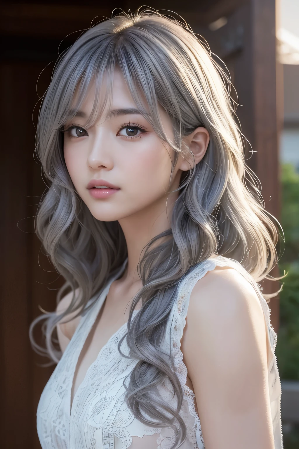 masterpiece, 8k, Award-winning photography, photoRealistic, Realistic, 非常にdetailed, Ultra-high resolution, Ray Trakun, ///1 person, The most beautiful, 20 years old , (sexy, Japanese Idols), (Gray Hair:1.2),///Human details Shiny skin , detailedな肌 , Beautifully detailed face,RAW Photos, (Best Quality, detailed:1.3),Best Quality, (非常にdetailedな), ハイパーdetailed, (繊細でdetailedな), (複雑なdetailed), (Cinematic Light, Best Quality Backlights), Clear lines, From below, solo, soft Light, Mysterious, , soft, Curly Hair、Girls&#39; honest impressions, Ocean, fairy tale, whole body,  perfect body, (Firm and shapely breasts), (Accentuate the cleavage), A firm, shapely butt, Lace underwear, Cute Smile,(Sweaty body:1.3)(Tangaburra)、(String Panties)